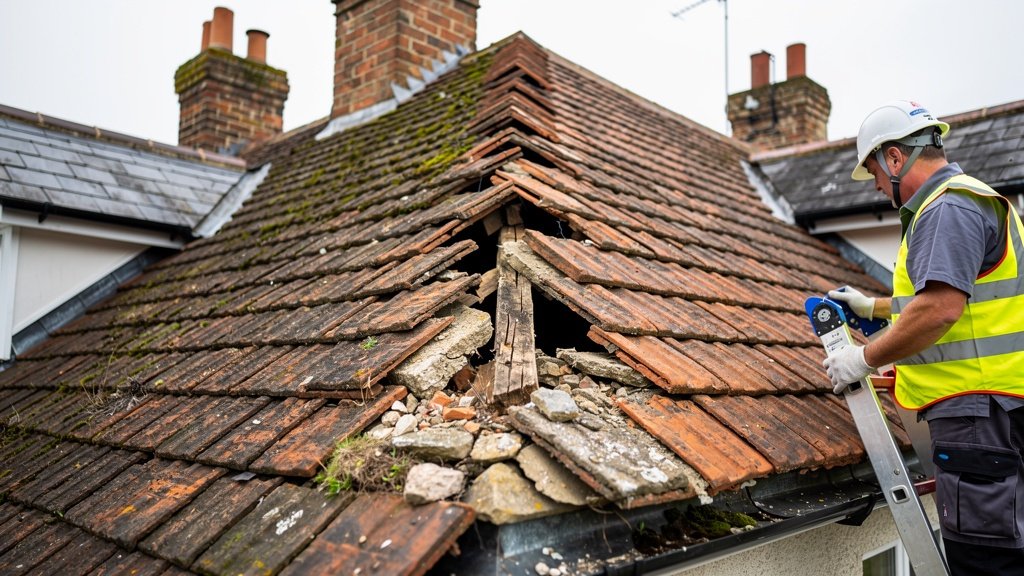 Roof inspection showing defects in clay tiles on a British home