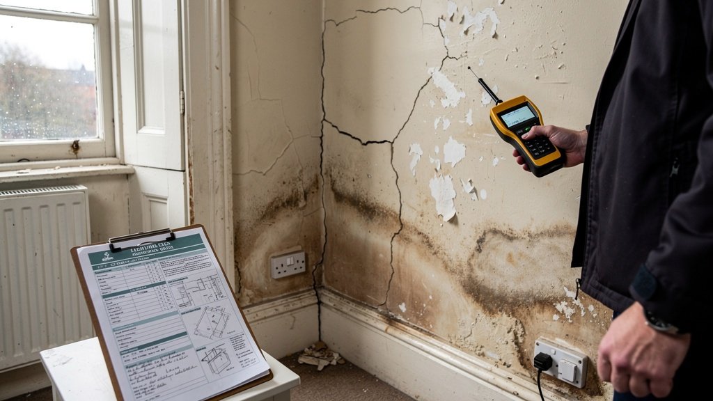 Building surveyor inspecting interior wall defects and damp in a Crawley property