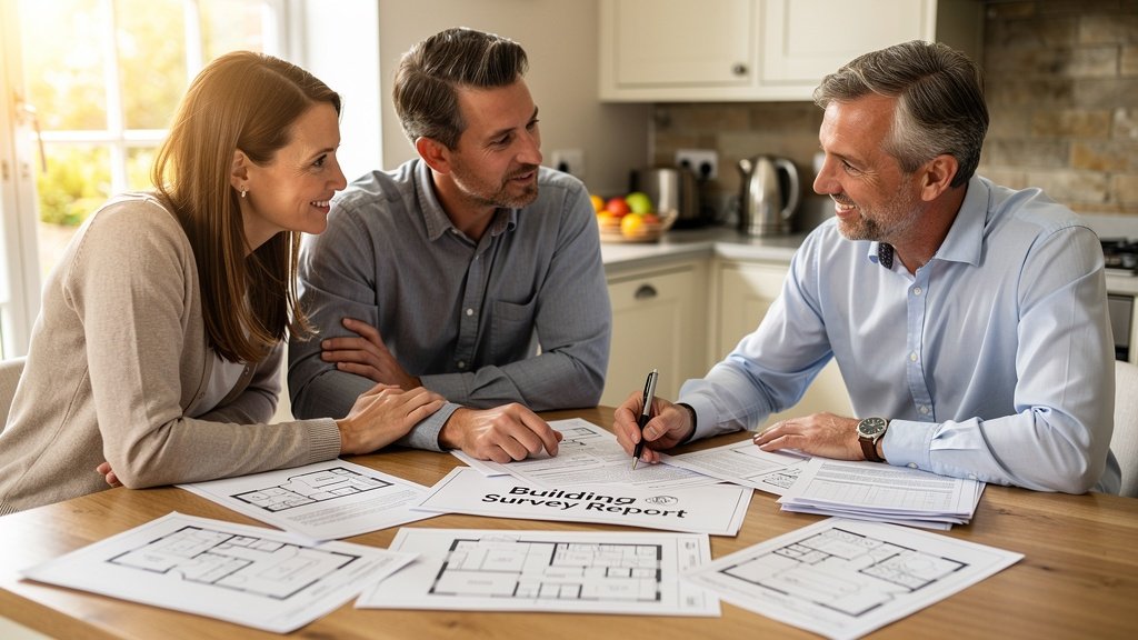 Chartered surveyors from Crawley Surveyor reviewing a building survey report with property buyers